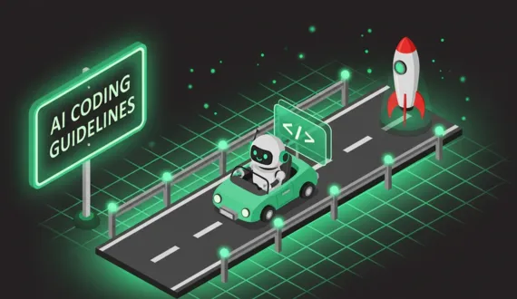 Grün leuchtende Leitplanken auf isometrischer Straße mit Roboter und Code Block