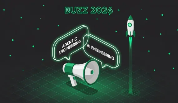 Grünes Megafon mit Sprechblasen Agentic Engineering und AI Engineering Buzz 2026