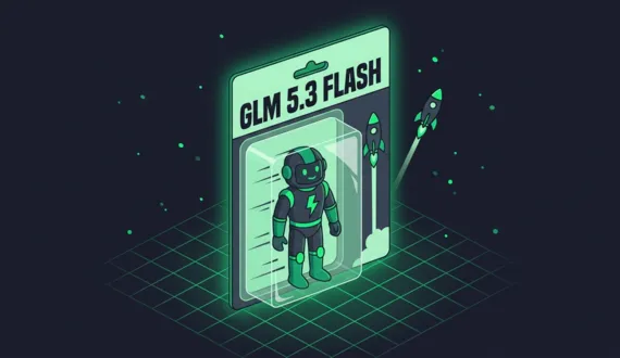 Grüne Action Figure mit Blitz im Blister, Schriftzug GLM 5.3 Flash