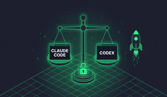 Grüne Waage mit zwei Terminal Fenstern beschriftet Claude Code und Codex