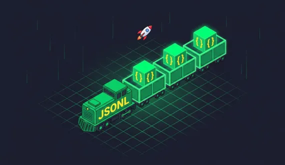 Grüner Güterzug mit Lok JSONL und Wagen mit JSON Würfeln