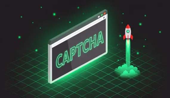 Grüner Browser mit CAPTCHA Schriftzug und Rakete für BFSG Barrierefreiheit