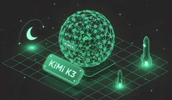Grüner AI Neural Core mit Wordmark KIMI K3, Mond und Rakete isometrisch
