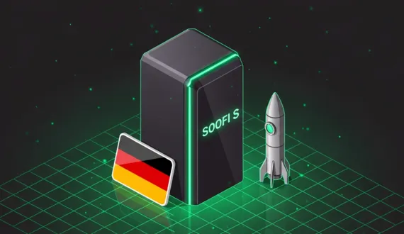 Grünes Servermodul mit Schriftzug SOOFI S und deutscher Flagge, Rakete rechts