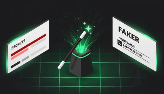 Graue Karte mit geschwärzten Daten wird per Zauberstab zur FAKER Adresskarte