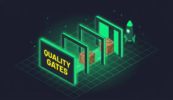 Vier grüne Tore mit gelbem Schriftzug QUALITY GATES, Kiste passiert die Stufen