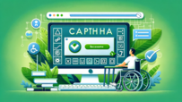 Das Bild zeigt eine Person im Rollstuhl, die mit einer CAPTCHA-Herausforderung auf einem grün getönten Bildschirm interagiert, um das Thema digitale Barrierefreiheit zu veranschaulichen.