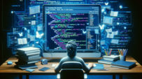 Das Bild zeigt einen Webdesigner, der an einem Schreibtisch mit mehreren Bildschirmen sitzt und CSS-Code auf einem Computerbildschirm bearbeitet. Der Bildschirm hebt verschiedene Eigenschaften und Werte des Codes hervor, was die Bedeutung von CSS im Webdesign unterstreicht.